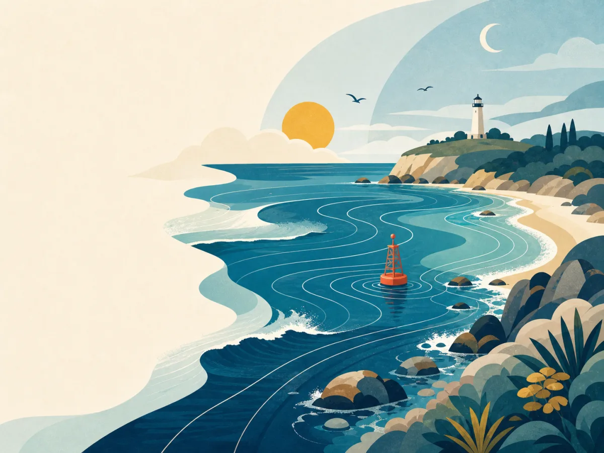 Illustrated coastal cove with tide contour lines, a navigation buoy, and a lighthouse